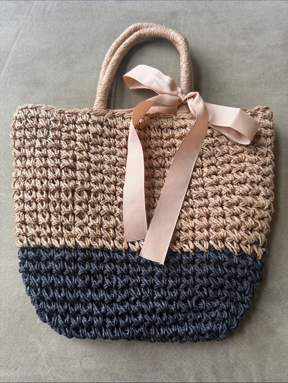 NWOT Handwoven Two-Tone Straw Tote Bag with Ribbon Accent